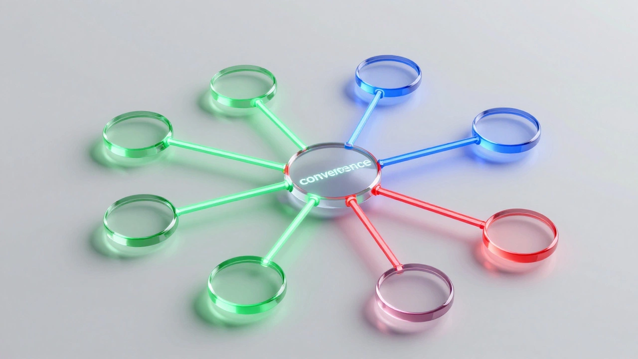 Изометрическая 3D-модель дерева диалогов с цветными связями между узлами.