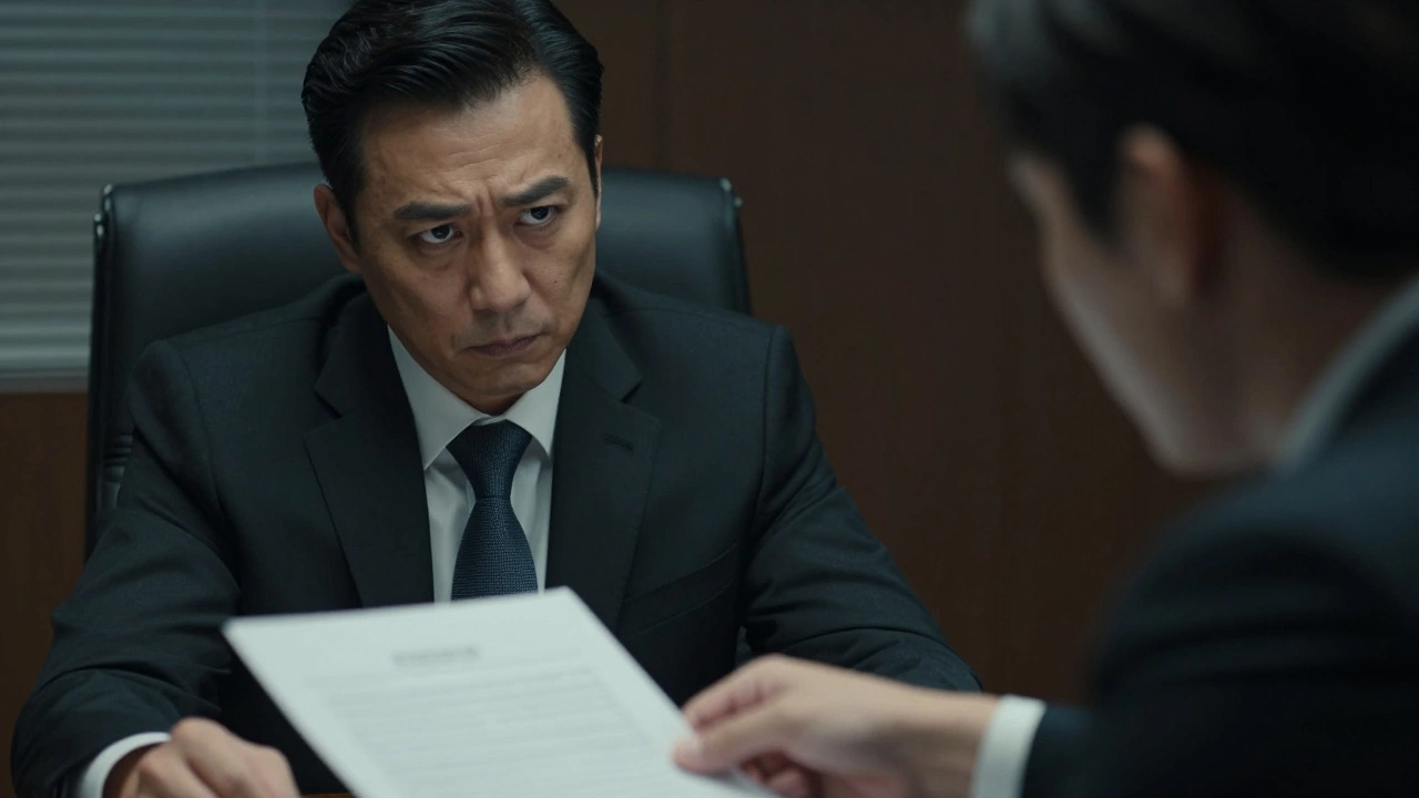 Напряженное противостояние уверенного босса и нервного стажера в офисе