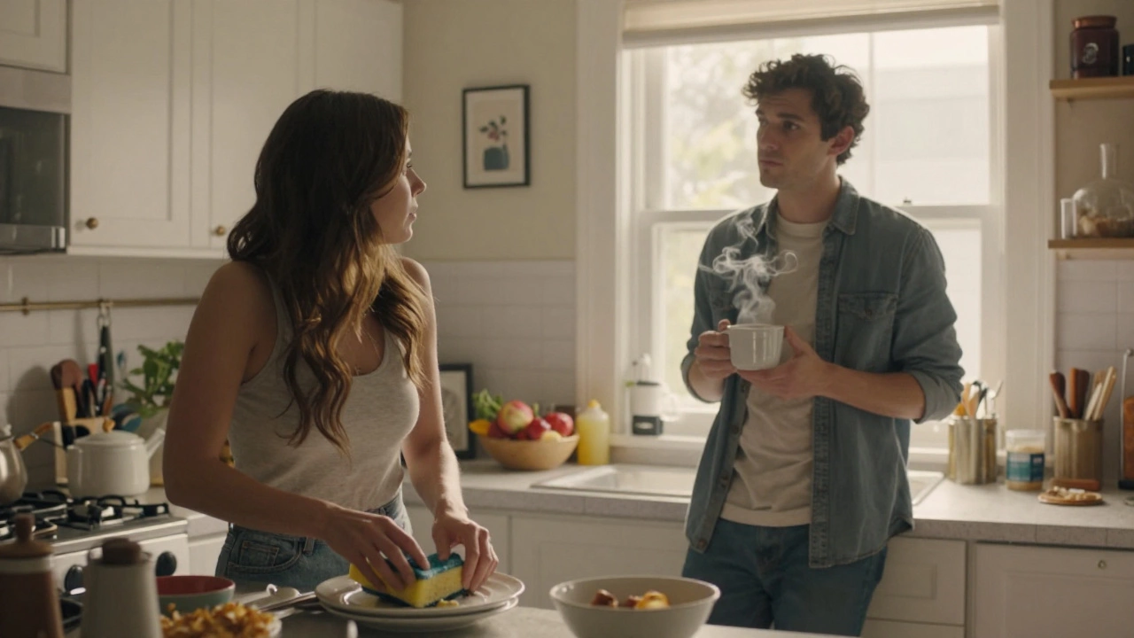 Пара в кухне ведет напряженный разговор, отвлекаясь на бытовые дела