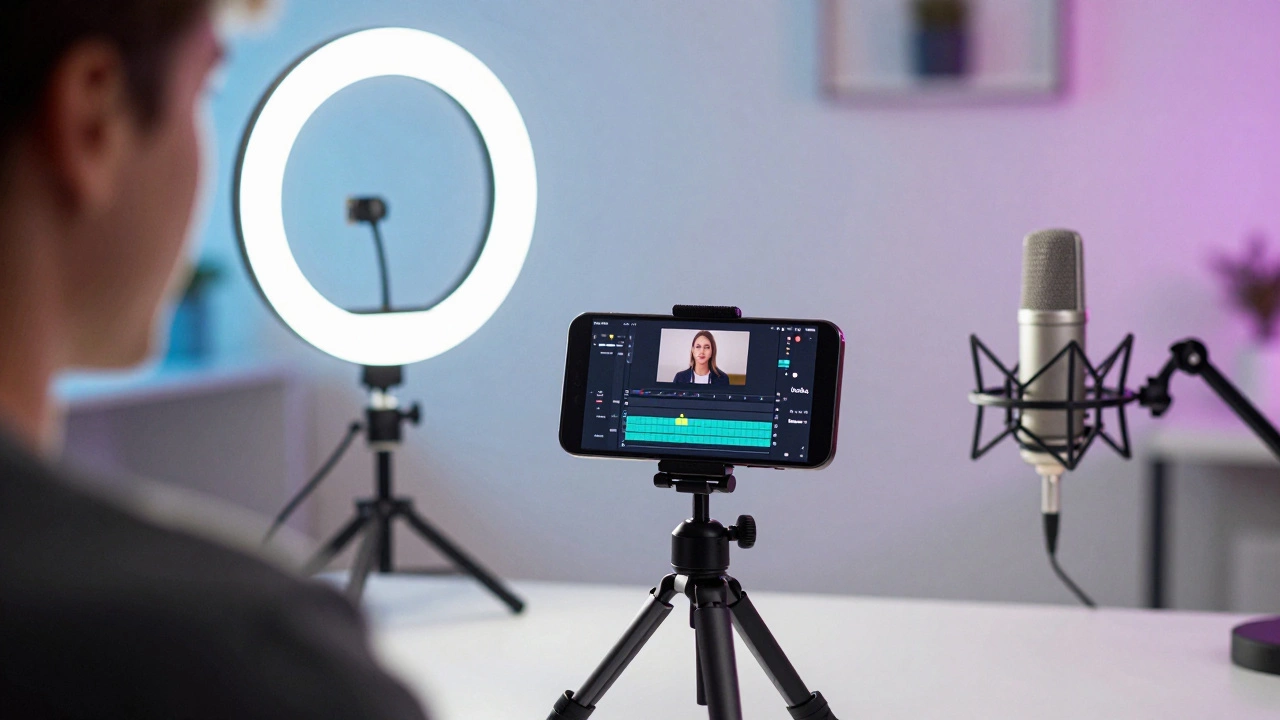 Рабочее место блогера с оборудованием для создания коротких видео Reels
