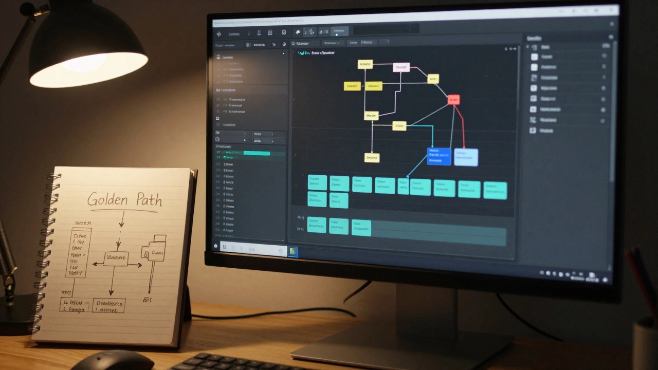Рабочее место геймдизайнера с открытым редактором узловых диалогов на мониторе.