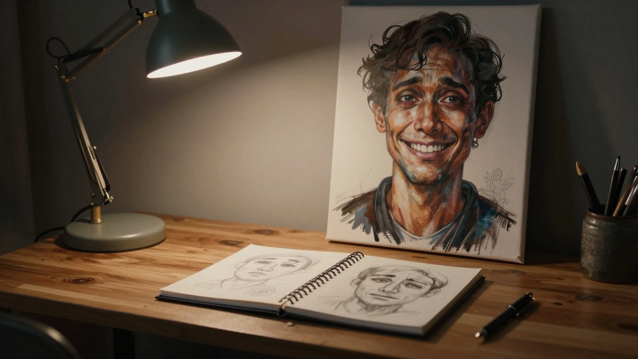 Рабочий стол писателя с набросками эмоций и портретом с глубоким внутренним конфликтом