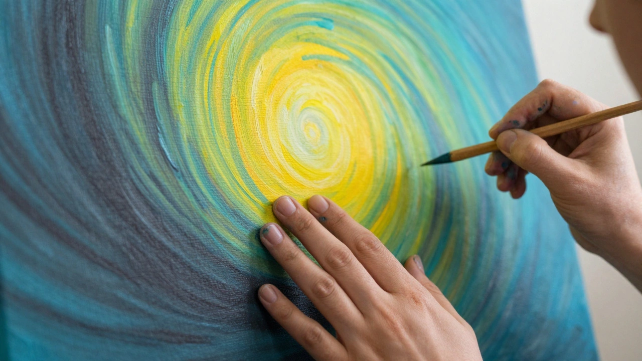 Руки в краске рисуют абстрактный вихрь, превращающий темноту в свет