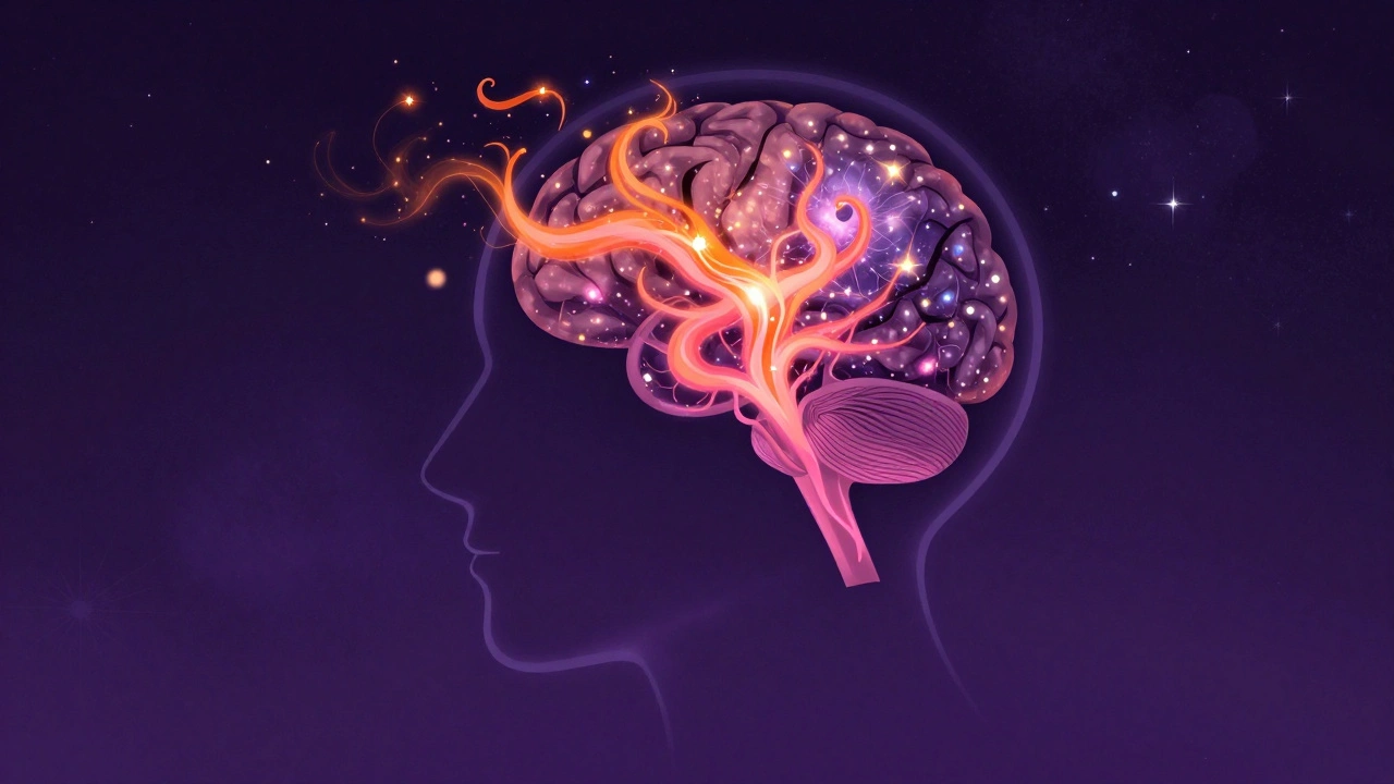 Стилизованное изображение мозга с яркими вспышками нейронных связей при восприятии истории