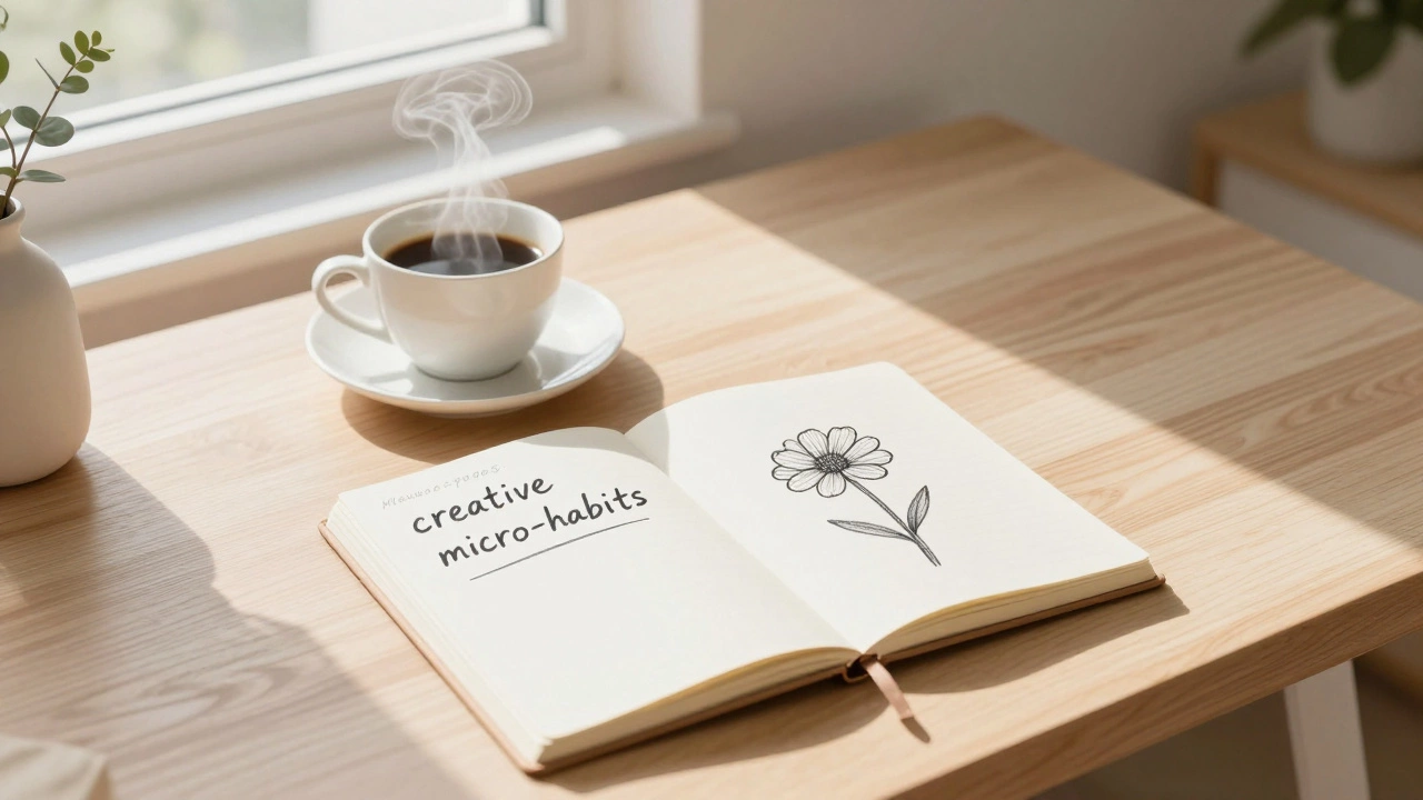 Журнал с утренними записями и простой набросок цветка на залитом солнцем столе