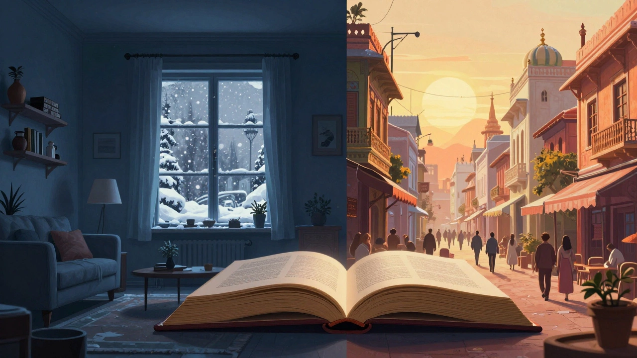 Человек читает книгу, погружаясь в яркий вымышленный мир