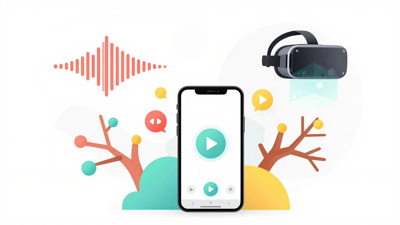 Коллаж форматов сторителлинга: смартфон, подкаст, VR и интерактивные пути