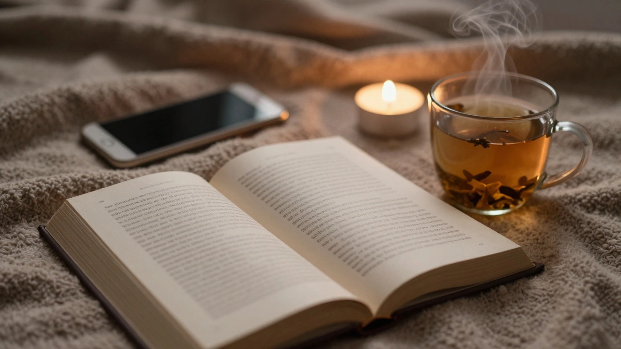 Открытая книга, плед и чай на кровати для вечернего чтения