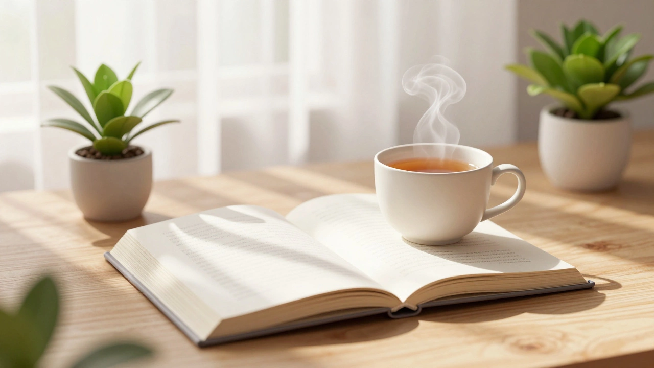 Открытая книга с чашкой чая на солнечном столе