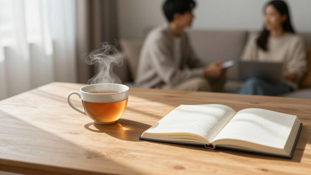 Чай, блокнот и открытая книга на столе в солнечный день