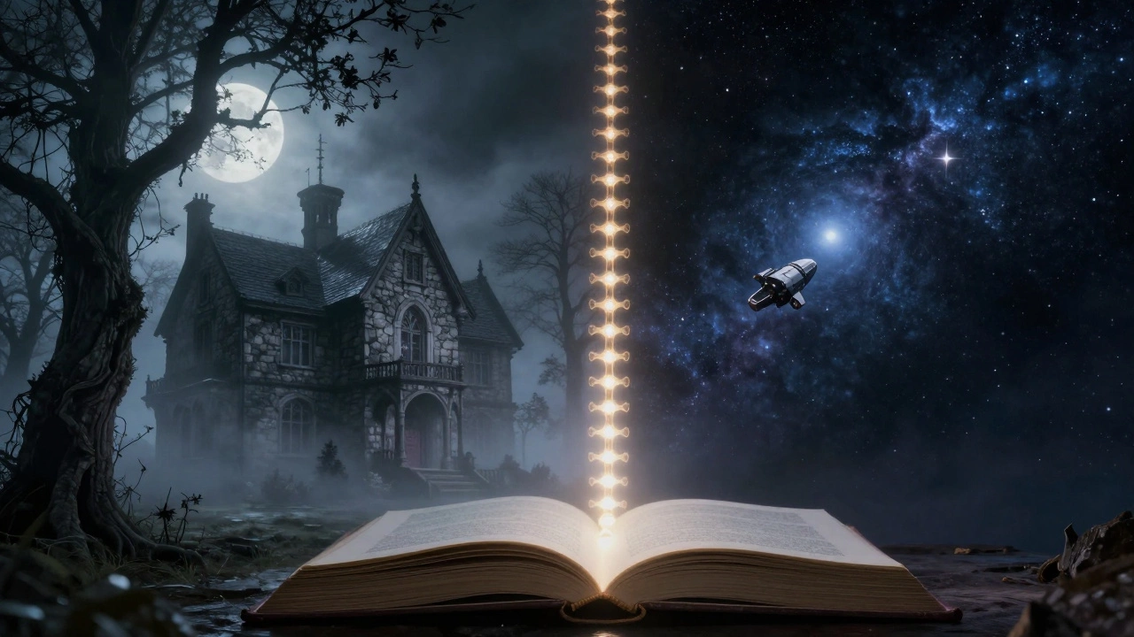 Готический дом и космос разделены книгой, атмосфера жанров