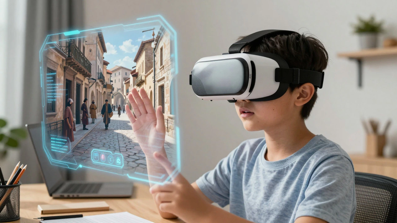Студент в VR очках переживает историческое событие