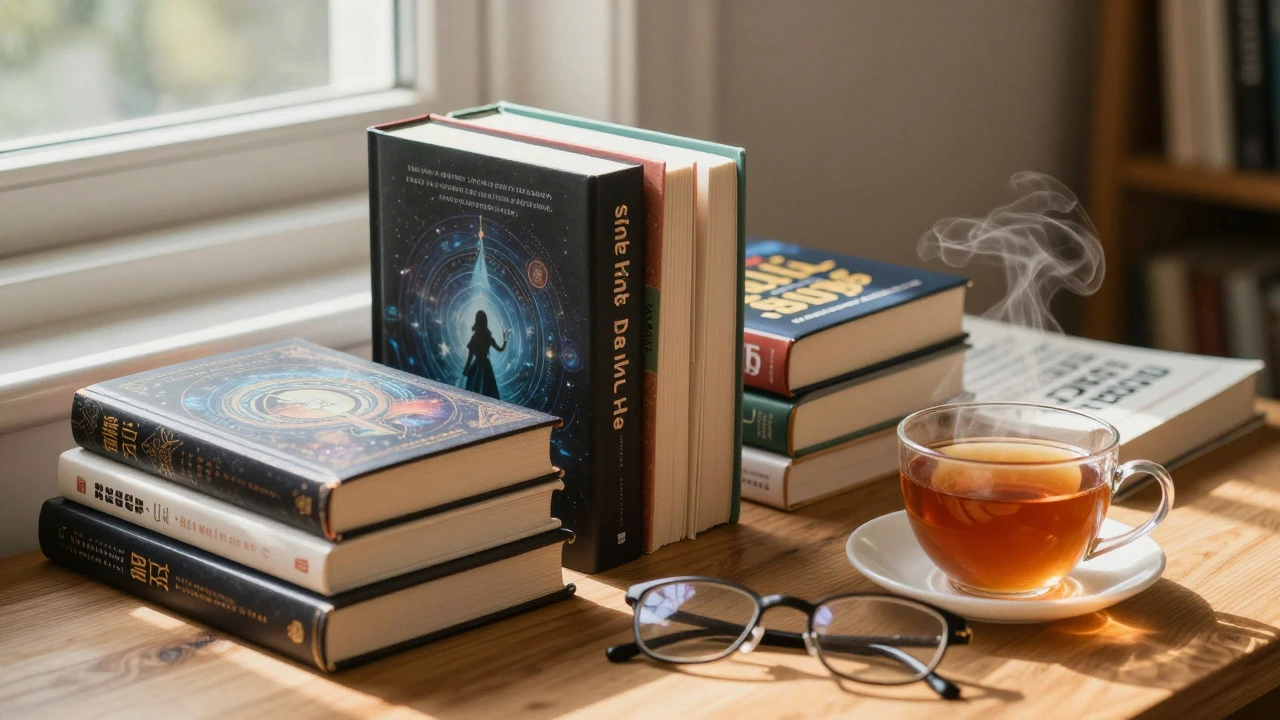 Уютная стопка разнообразных книг на столе при мягком свете